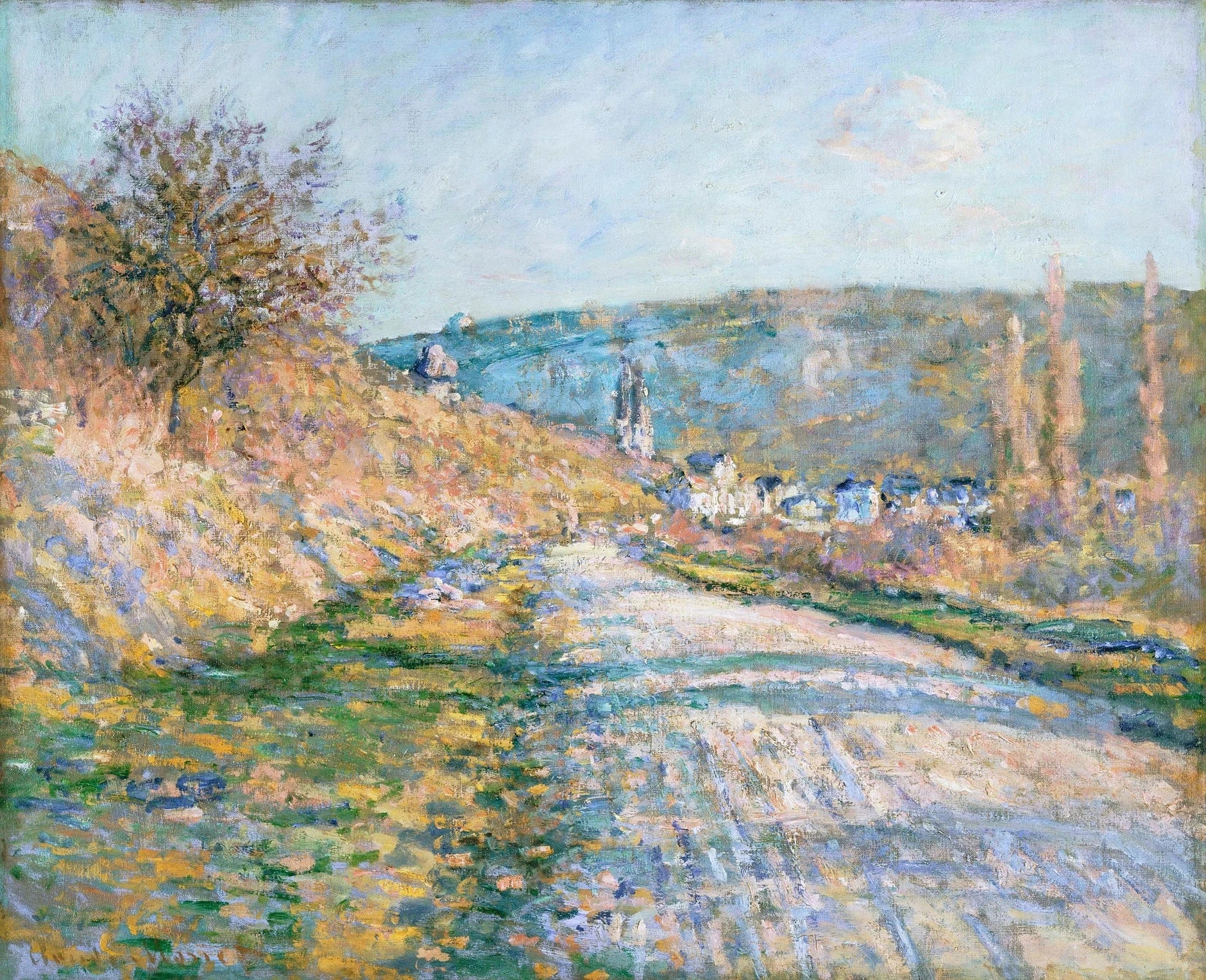 paysage à l'huile sur toile du peintre Claude Monet avec un chemin en campagne allant vers une montagne et de la verdure avec des fleurs de part et d'autre du chemin et des personnes au fond et un ciel dégagé